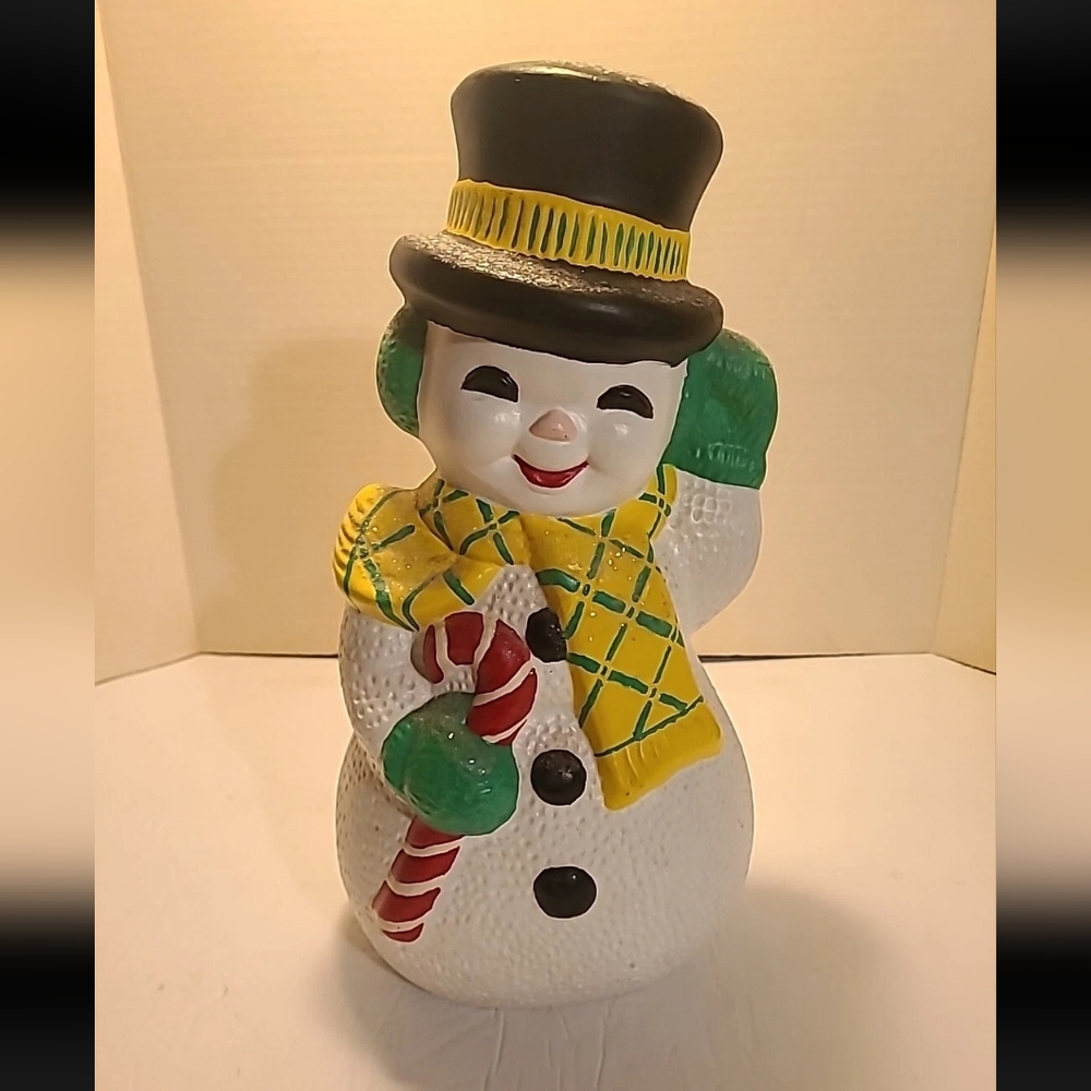 VTG SNOWMAN 13" HANDPAINTED CERAMIC MOLD WAVING CANDY CANE TOP HAT 70S CHRISTMAS